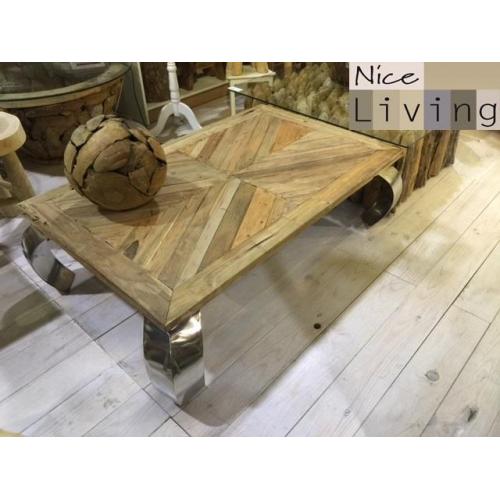 Opiumtafel teak visgraat met rvs poot