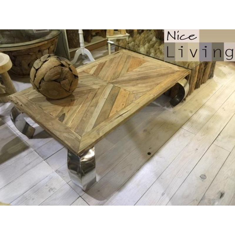 Opiumtafel teak visgraat met rvs poot