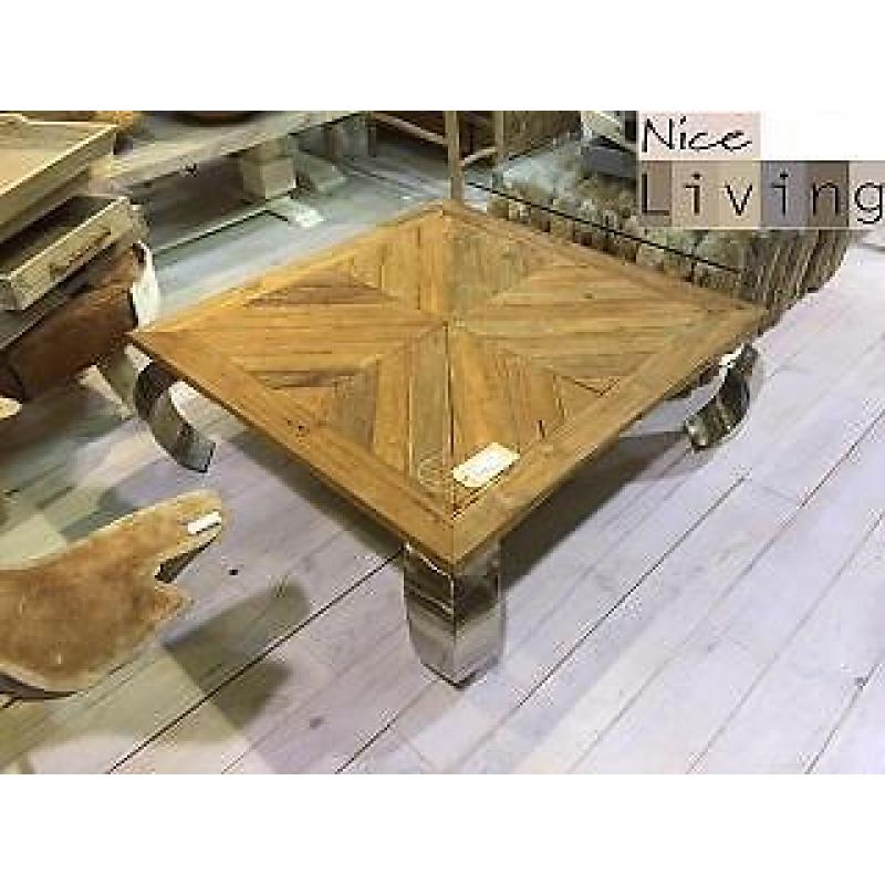 Opiumtafel teak visgraat met rvs poot