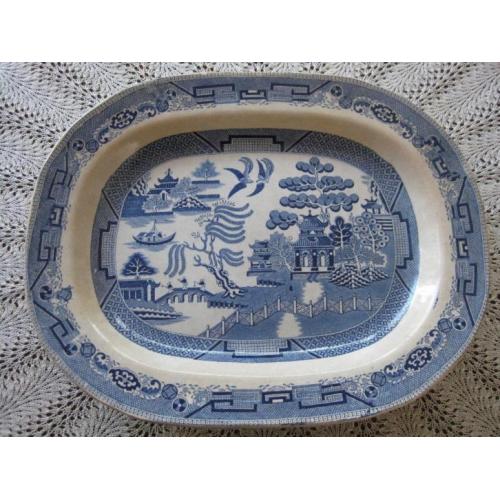 Zeer grote antieke 'blue willow' Staffordshire schotel