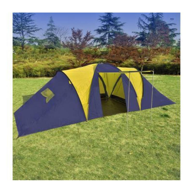 Polyester 9-persoons kampeertent (blauw/geel)