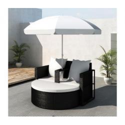 Poly Rattan Loungebed set met parasol (zwart)