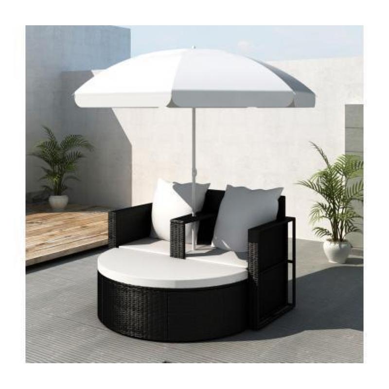 Poly Rattan Loungebed set met parasol (zwart)