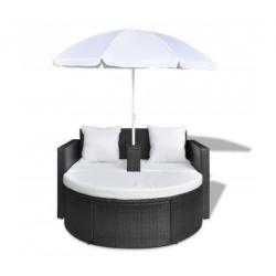 Poly Rattan Loungebed set met parasol (zwart)