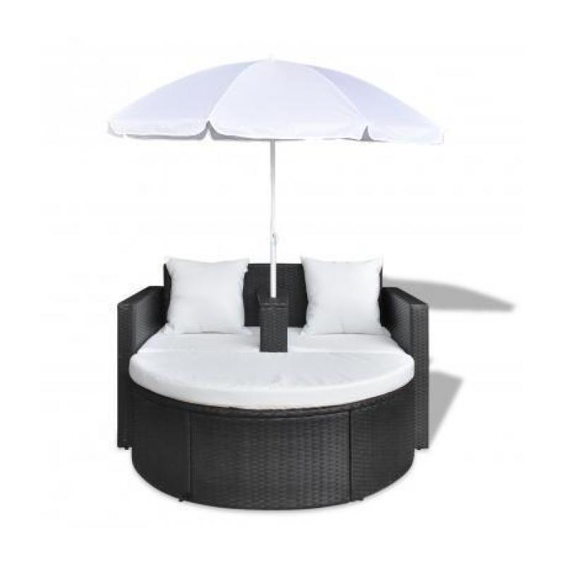 Poly Rattan Loungebed set met parasol (zwart)