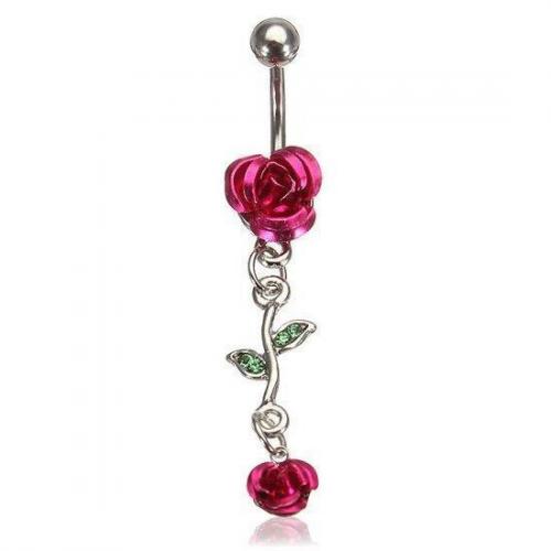 Rose Red Flower Stainless Steel Navel Belly Button Ring B...