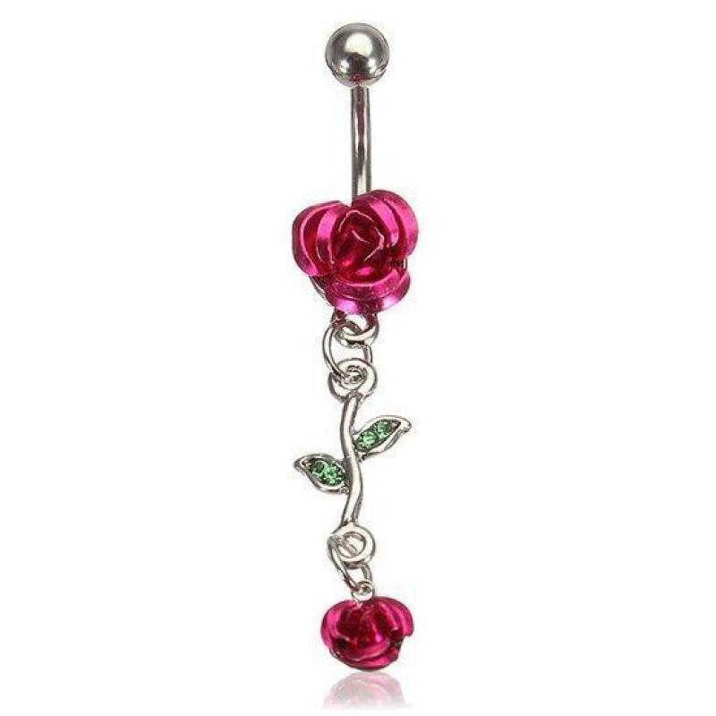Rose Red Flower Stainless Steel Navel Belly Button Ring B...