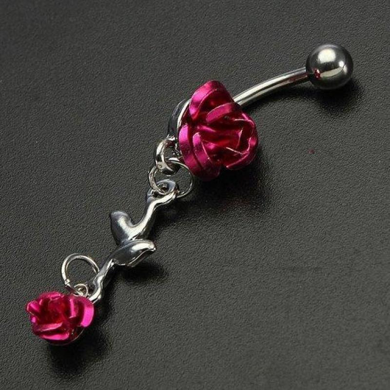 Rose Red Flower Stainless Steel Navel Belly Button Ring B...