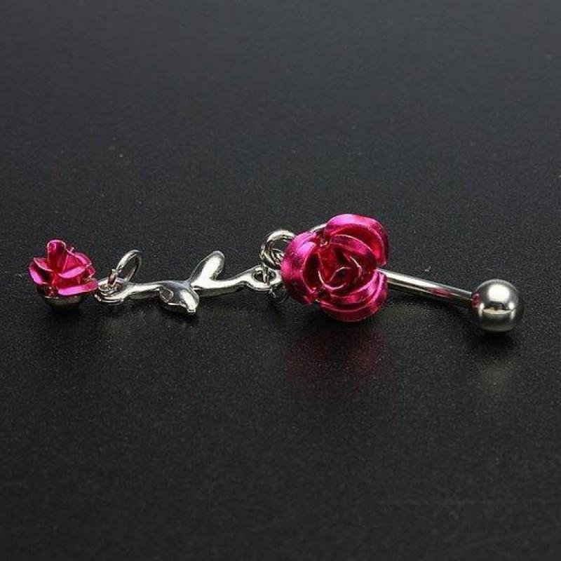 Rose Red Flower Stainless Steel Navel Belly Button Ring B...