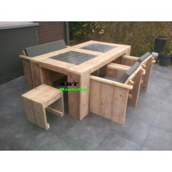 Steigerhout Tuinset + hardsteen inleg Actie SHOWROOM open !!