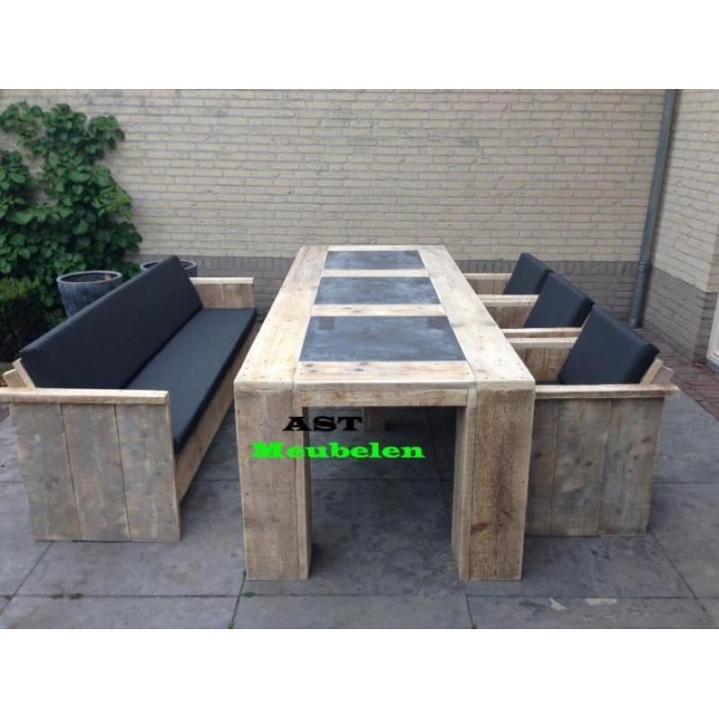 Steigerhout Tuinset + hardsteen inleg Actie SHOWROOM open !!