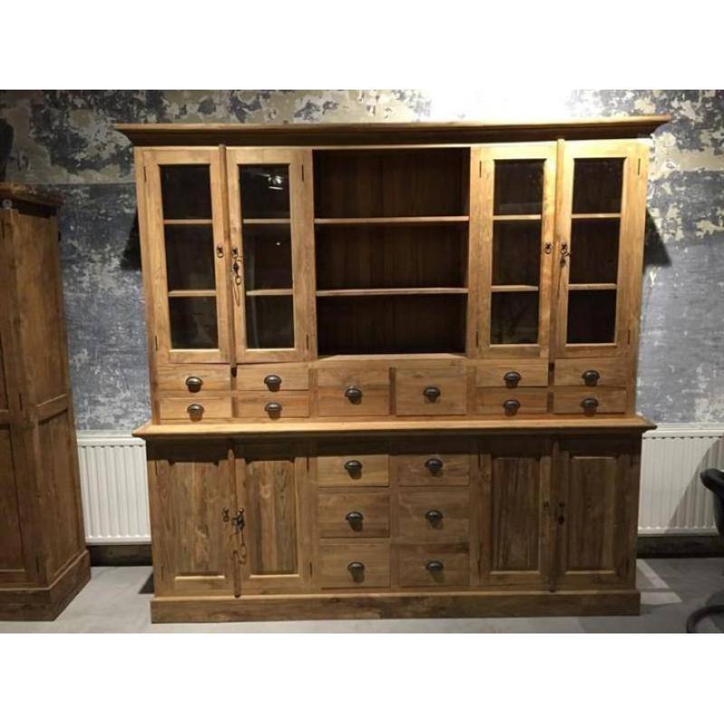 Kast TEAK buffetkast vitrinekast 230 cm VOORRAAD € 1699