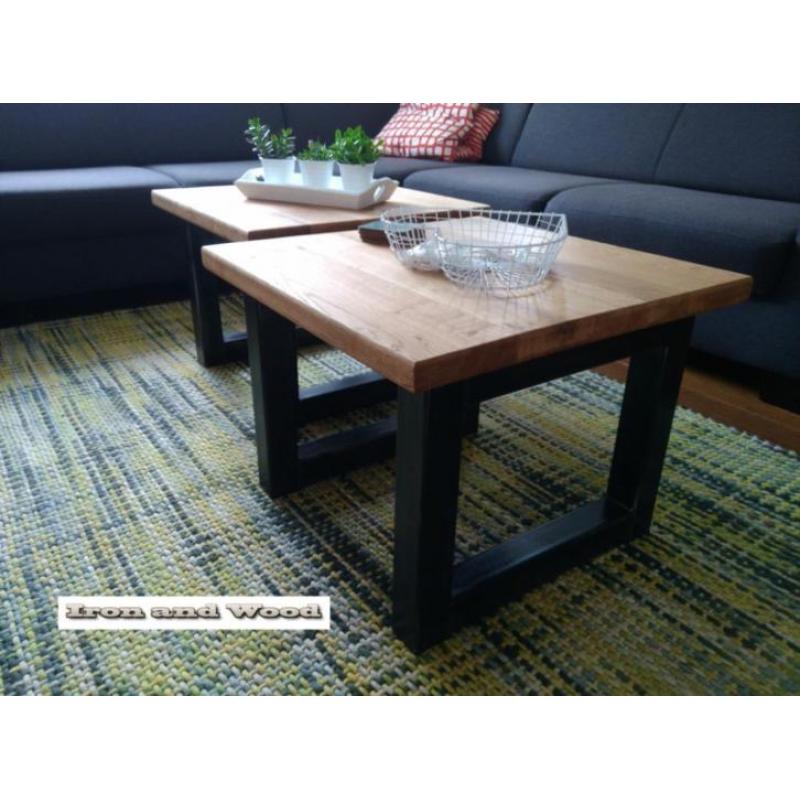 Robuuste industriele salontafels op maat , staal en oud hout