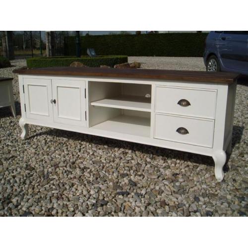 Tv-meubel Jasmijn wit/ teakhouten bovenblad 160cm /9044/