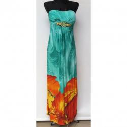 Lange strapless jurk met prachtig bloemmotief.