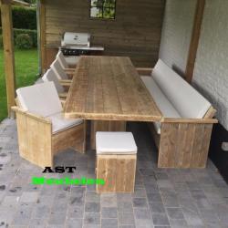 Steigerhout Tuinset Palermo Tafel met zuilen +stoelen & bank