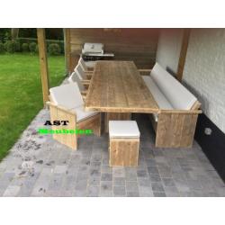 Steigerhout Tuinset Palermo Tafel met zuilen +stoelen & bank
