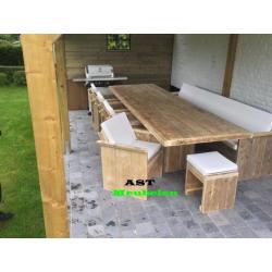 Steigerhout Tuinset Palermo Tafel met zuilen +stoelen & bank