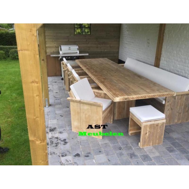 Steigerhout Tuinset Palermo Tafel met zuilen +stoelen & bank