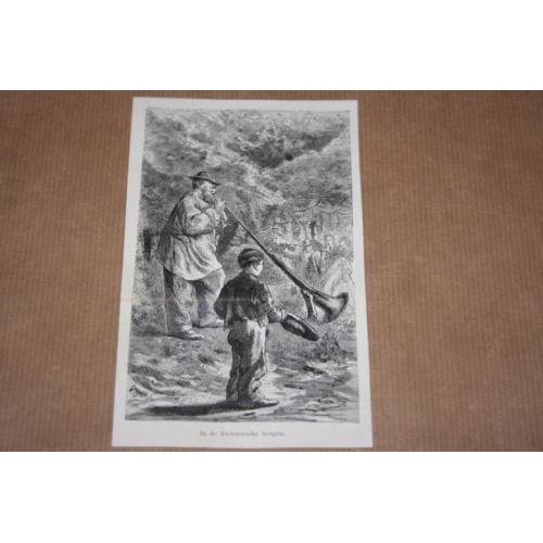 Antieke gravure - Man met alpenhoorn i/d Alpen - 1890 !!