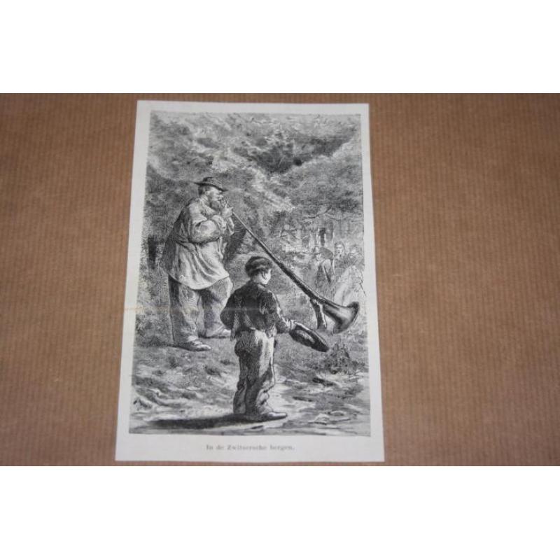 Antieke gravure - Man met alpenhoorn i/d Alpen - 1890 !!