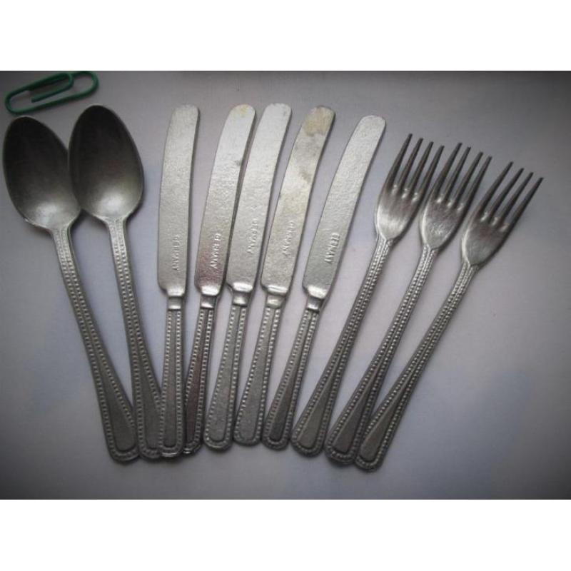 Vintage Aluminium Bestekset in Bestekbak~Poppen set~Vork Mes