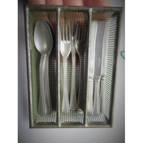 Vintage Aluminium Bestekset in Bestekbak~Poppen set~Vork Mes