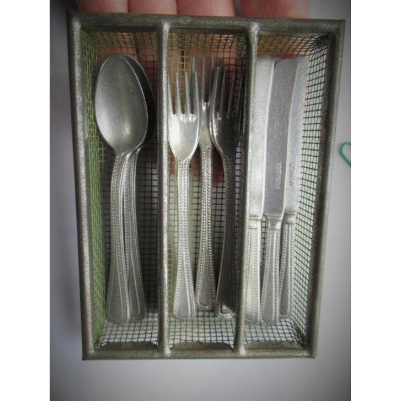 Vintage Aluminium Bestekset in Bestekbak~Poppen set~Vork Mes