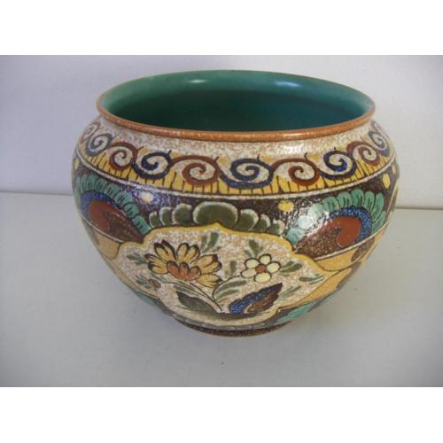 Gouda plateel plantenpot/ cachepot jr.1947 met decor majoma