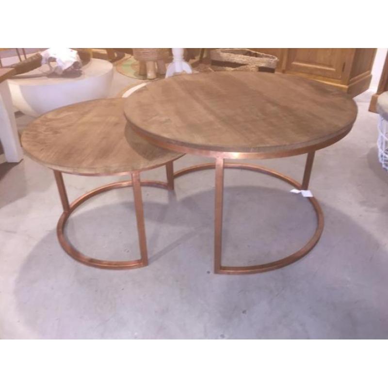 Salontafel bijzettafel SET | Brix Jack - Koper + hout rond !