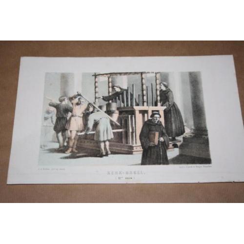 Antieke lithografie uit 1861 - Kerkorgel uit de 12e eeuw !!