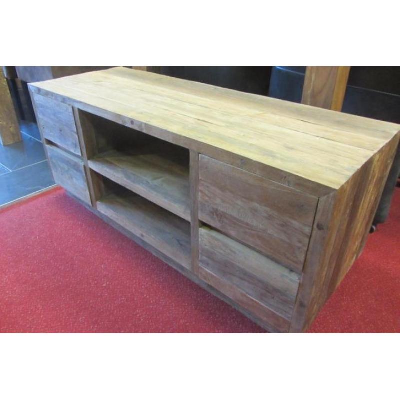 Oud teak tv-dressoir 120 cm, pinksteren open