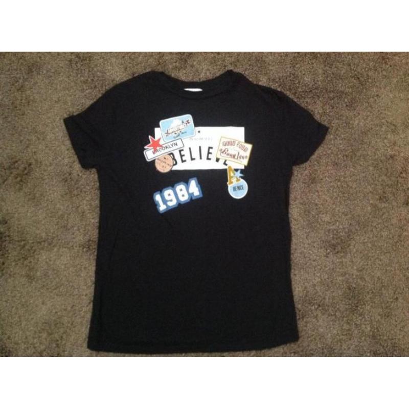 Zara shirt/top zwart met print/patches S
