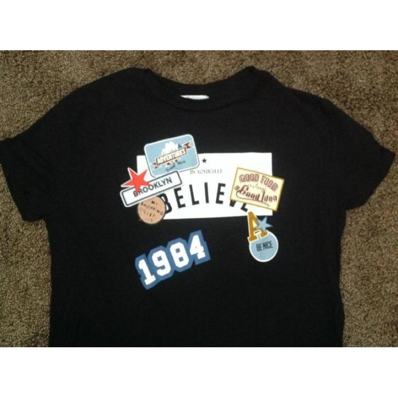 Zara shirt/top zwart met print/patches S