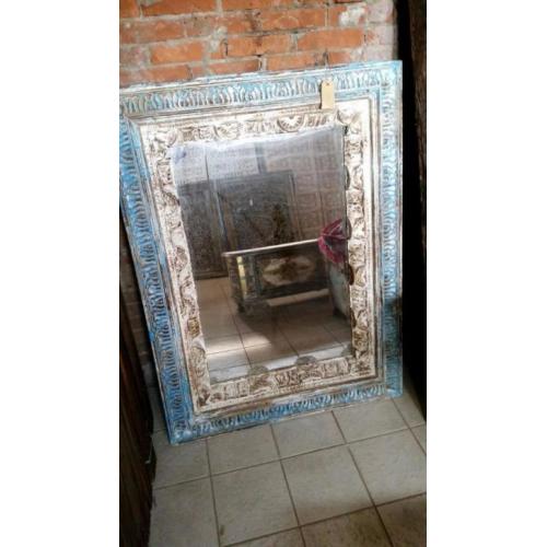 Vintage turcoise spiegel uit India, handwerk / houtsnijwek