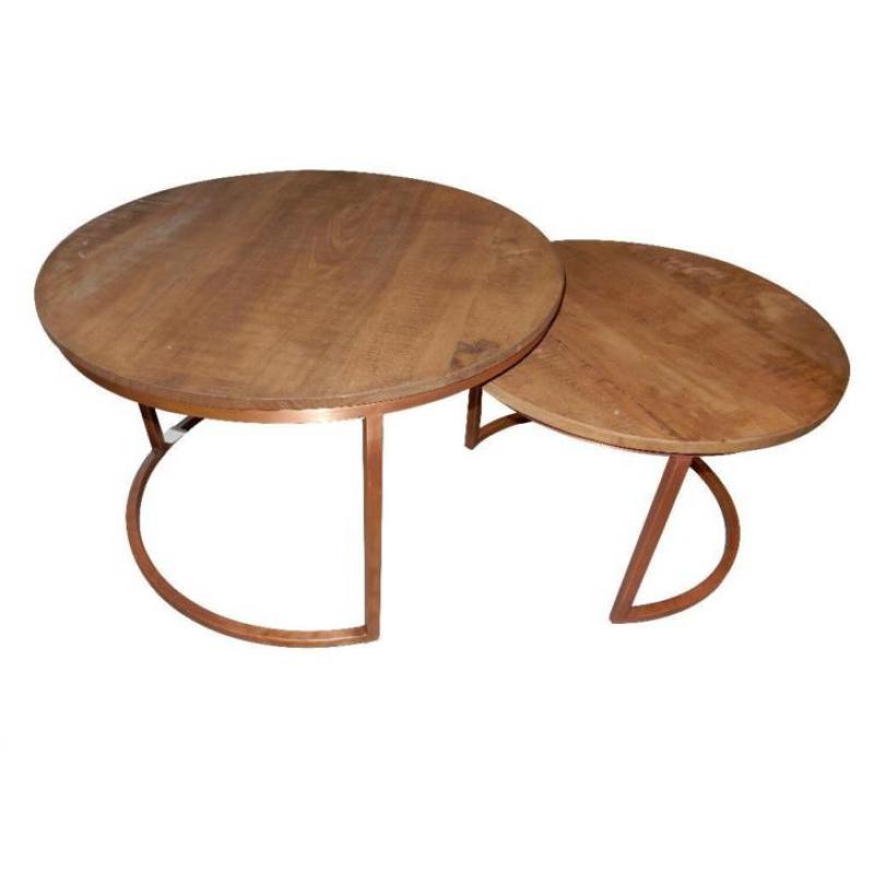 Salontafel bijzettafel SET | Brix Jack - Koper + hout rond !