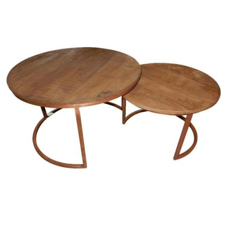 Salontafel bijzettafel SET | Brix Jack - Koper + hout rond !