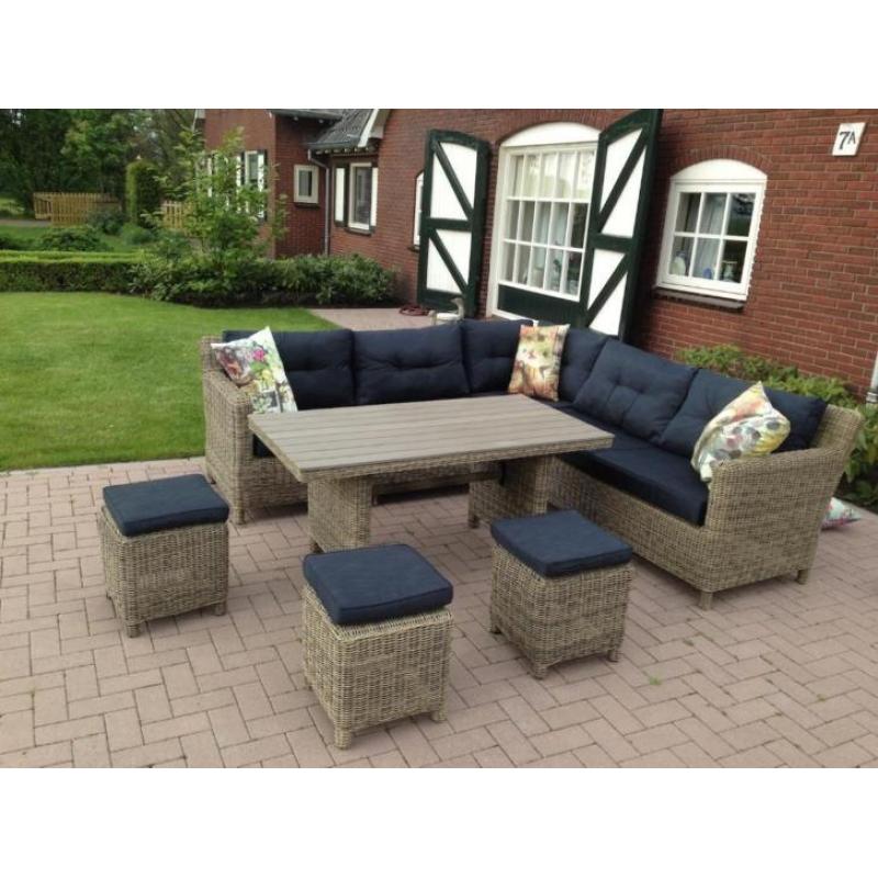 New york naturel/zwart Rond wicker lounge dining tuinset.
