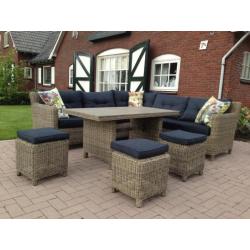 New york naturel/zwart Rond wicker lounge dining tuinset.