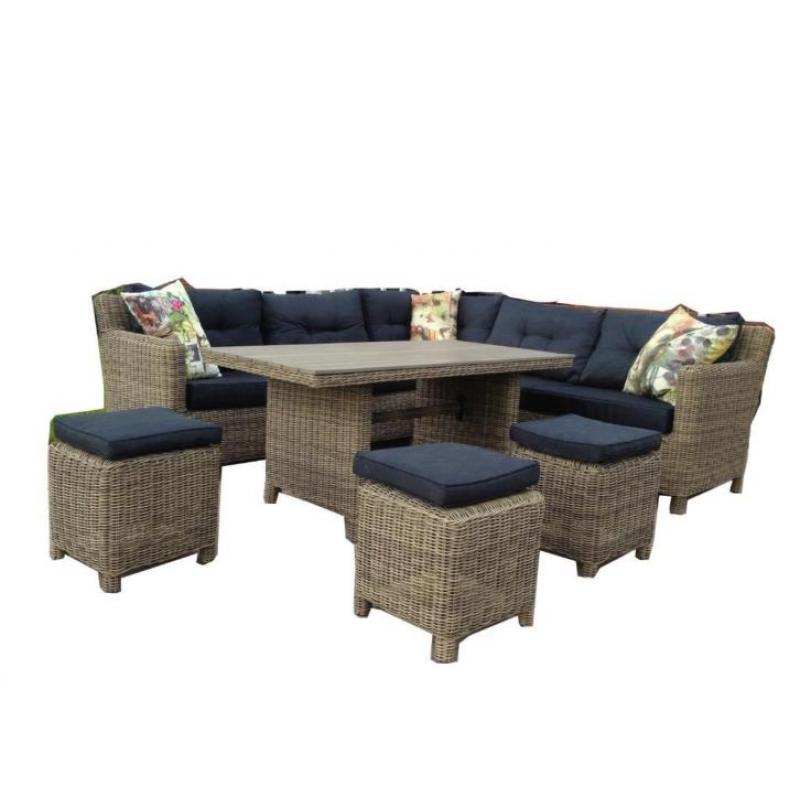 New york naturel/zwart Rond wicker lounge dining tuinset.
