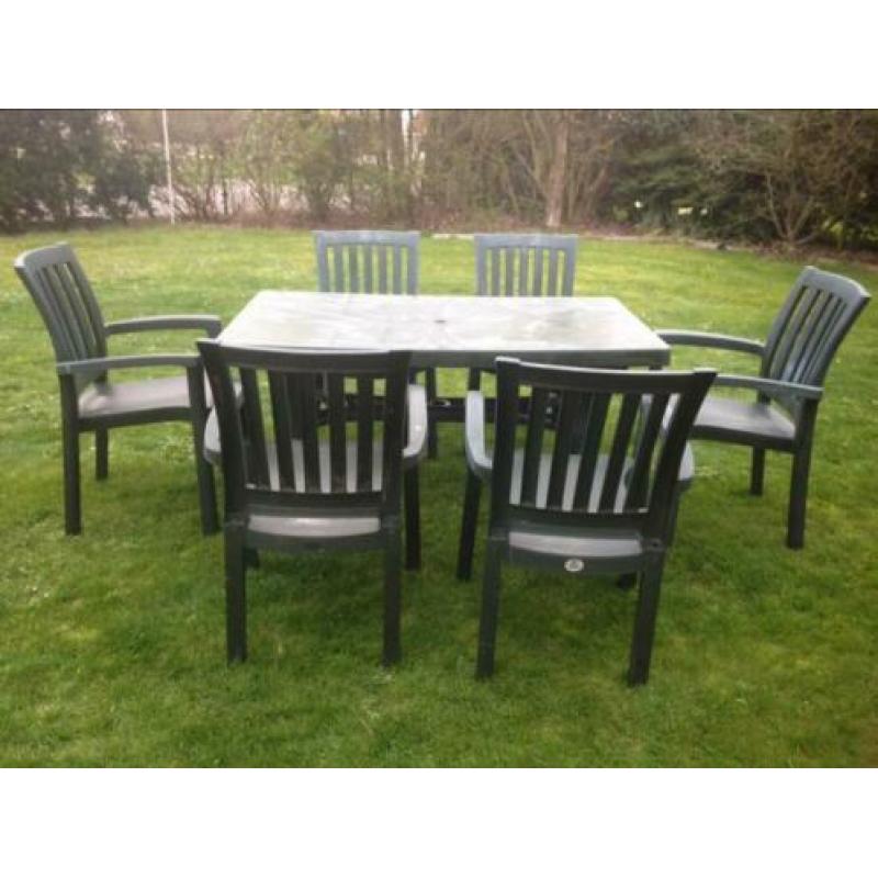tuinset tuinmeubels 6 tuinstoelen + tafel groen kunststof