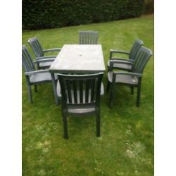 tuinset tuinmeubels 6 tuinstoelen + tafel groen kunststof