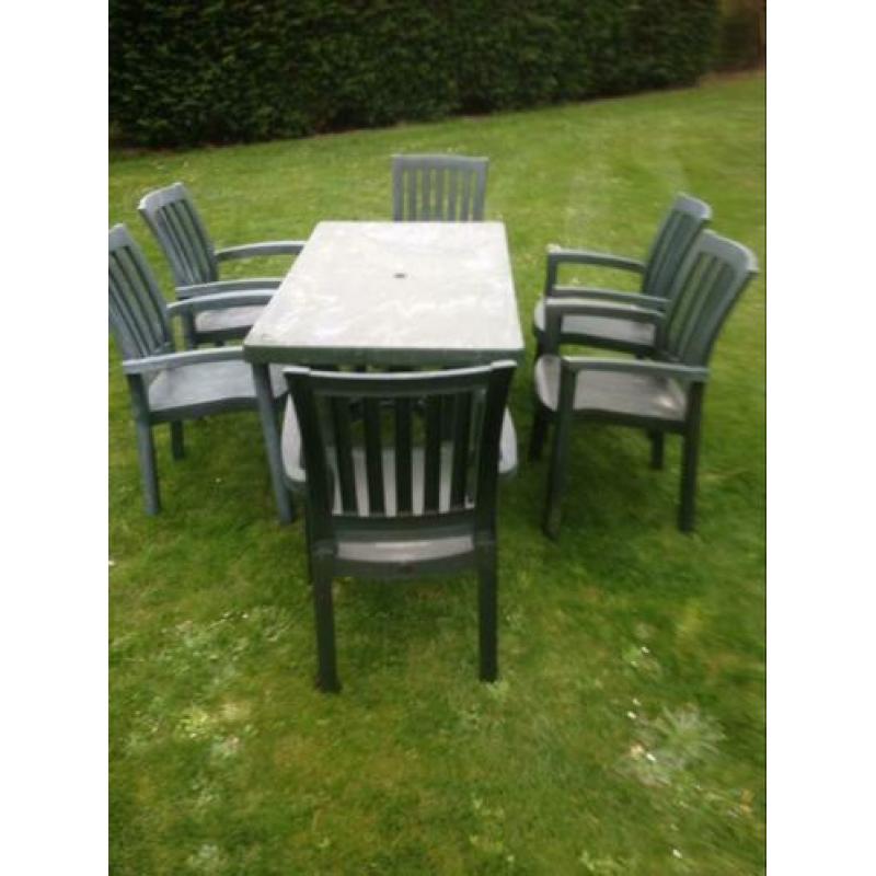 tuinset tuinmeubels 6 tuinstoelen + tafel groen kunststof
