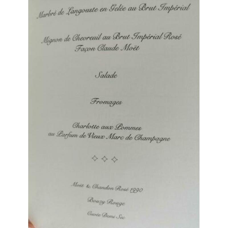 Mooie menu kaart Moet & Chandon met pers text/ Dartois 96