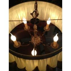 Brocante hanglamp koper,kaarsen lamp 5 arms ,lampenkap creme