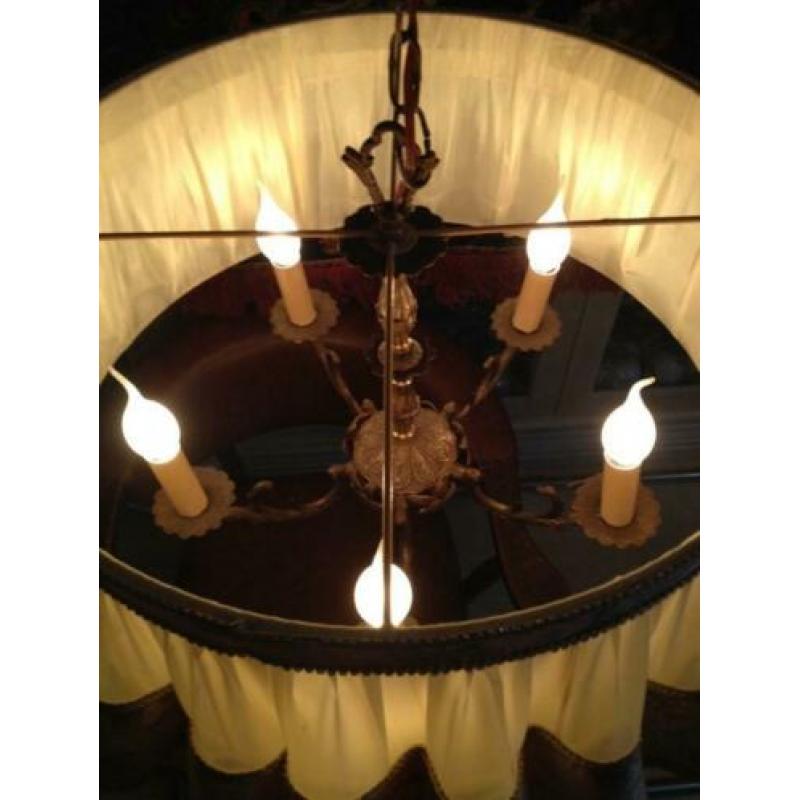 Brocante hanglamp koper,kaarsen lamp 5 arms ,lampenkap creme