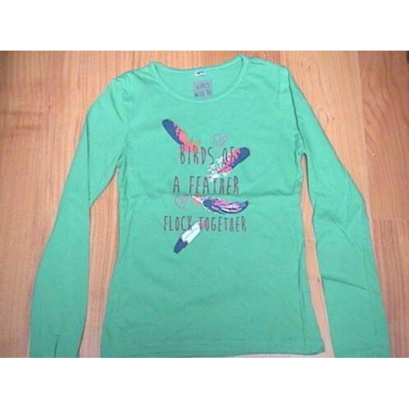 ZGAN groen shirt met opdruk van tekst, hartjes en veren 152