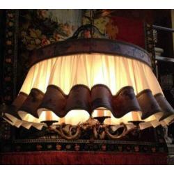 Brocante hanglamp koper,kaarsen lamp 5 arms ,lampenkap creme