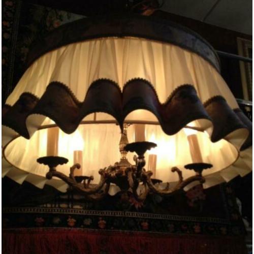 Brocante hanglamp koper,kaarsen lamp 5 arms ,lampenkap creme