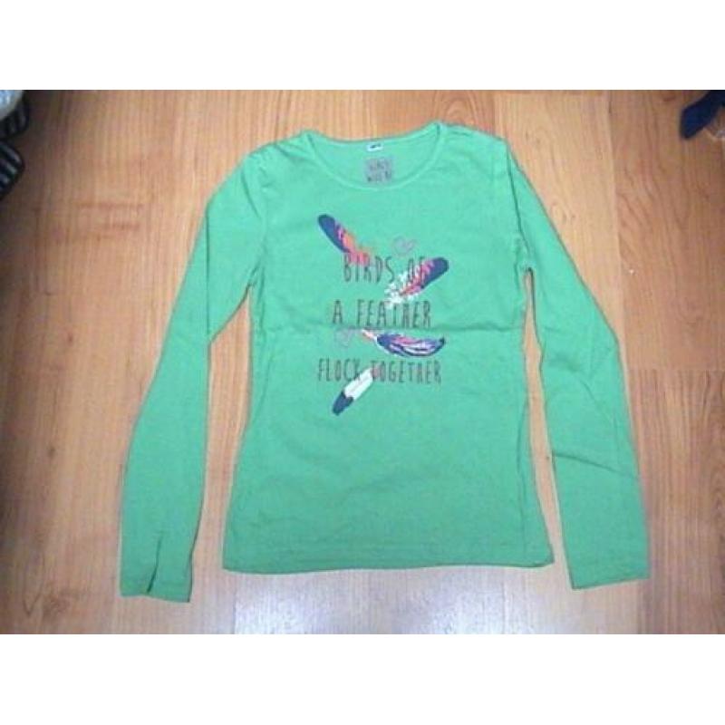 ZGAN groen shirt met opdruk van tekst, hartjes en veren 152